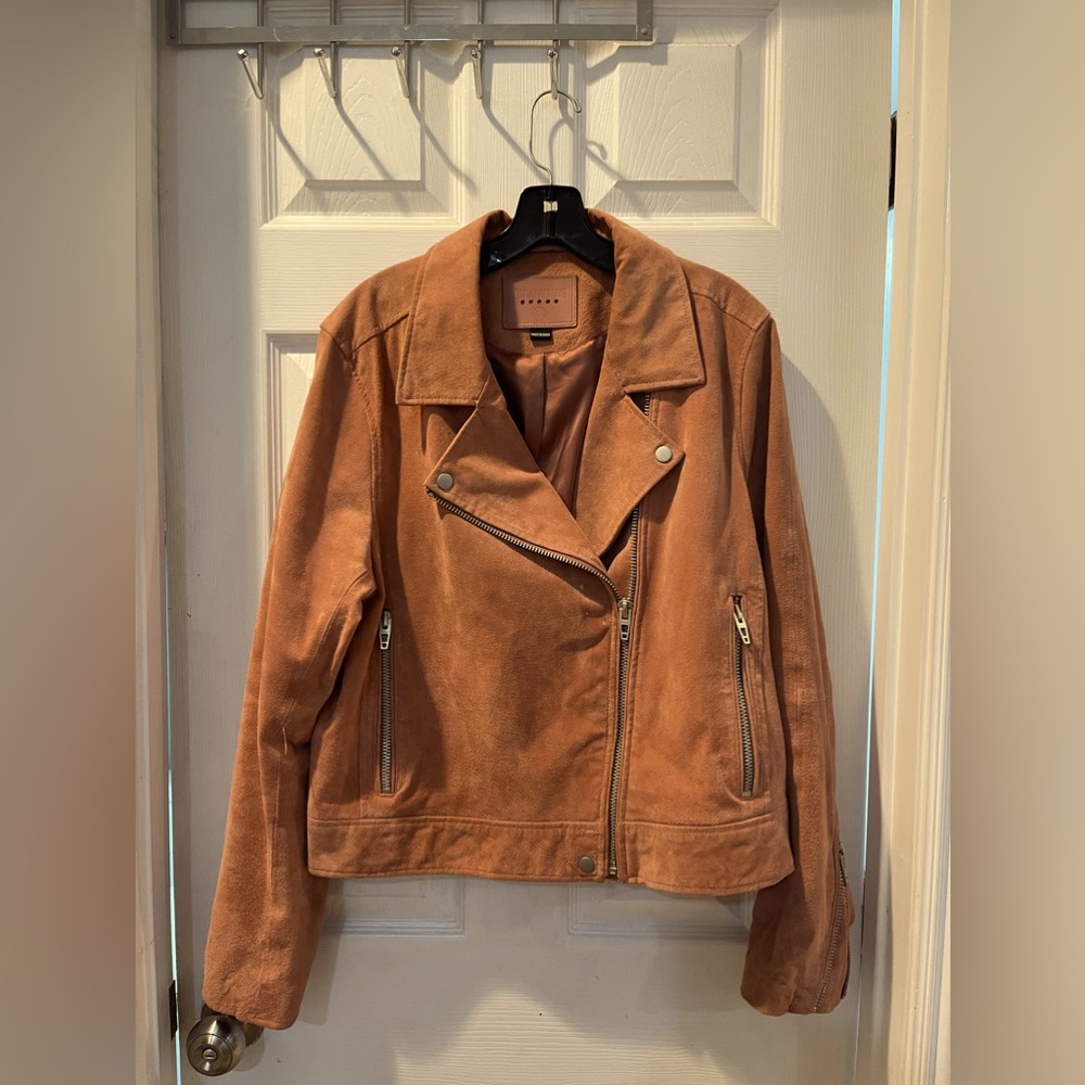 BLANK NYC light pink suede moto jacket.